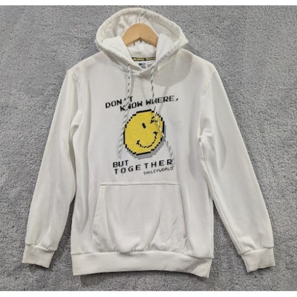 Smiley World Hoodie Unisex‎ XS White Digital Pixel Graphic Together Pullover